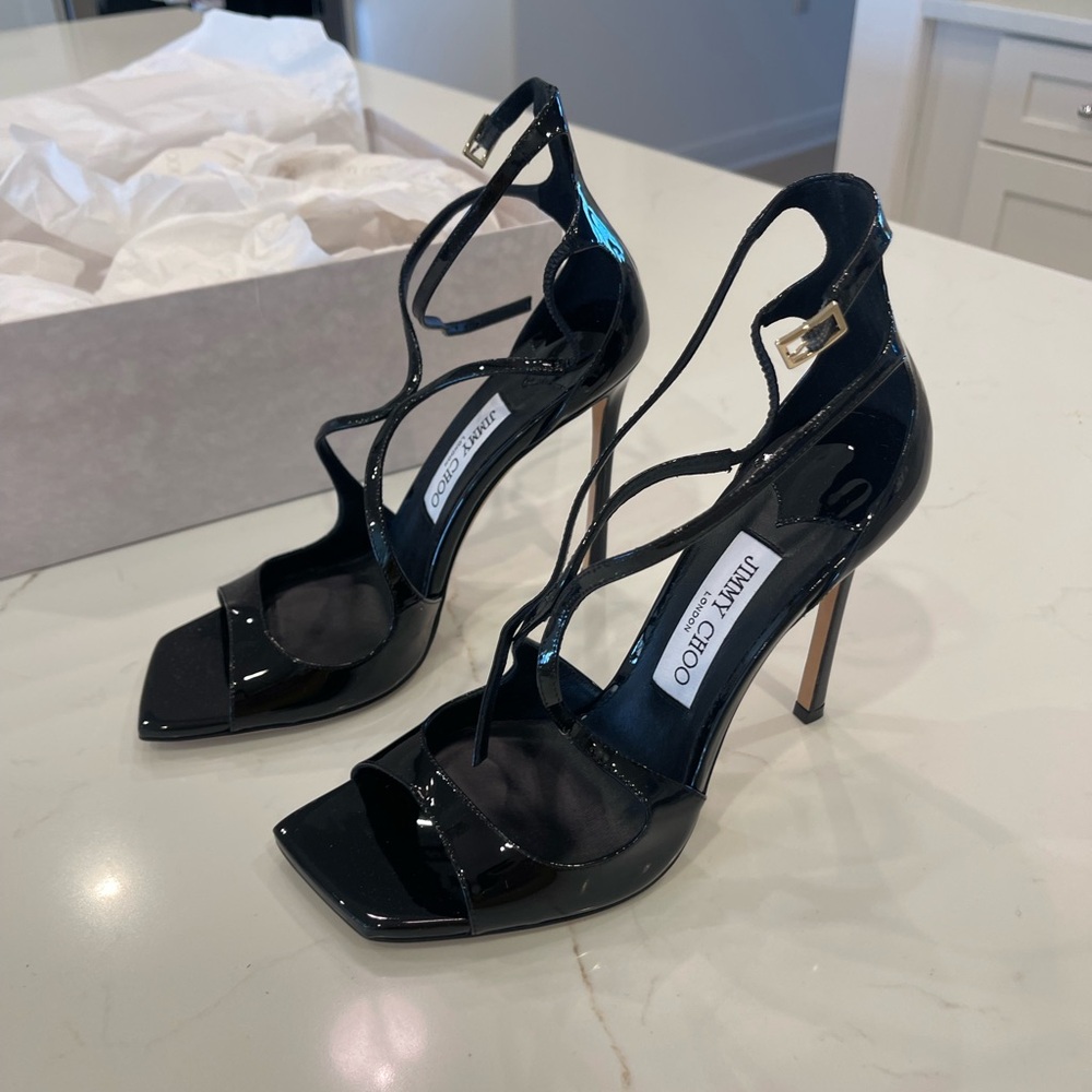 Jimmy Choo Asia 110 / Pat 247 - Glossy Black Strappy Heels